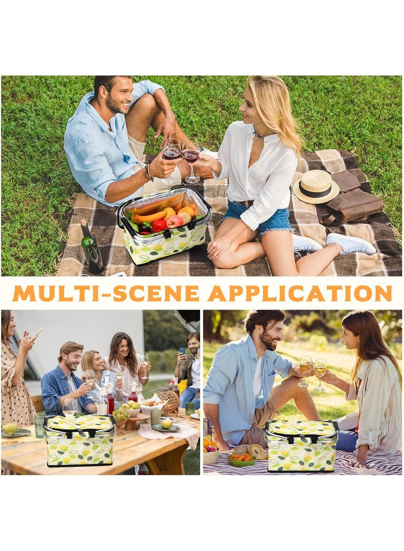 سلة نزهات حرارية معزولة قابلة للطي بسعة 30 لتر – سلة بيكنيك عائلية كبيرة بغطاء وسحاب محكم ومقبضين ألمنيوم متينين – سلة تخزين وتسوق وحفظ طعام ومشروبات ببطانة ألمنيوم مقاومة للماء – مناسبة للرحلات، التخييم، الشاطئ، الشواء، التسوق، توصيل الطعام – تصميم أوراق الشجر Green Leaf - Image 5